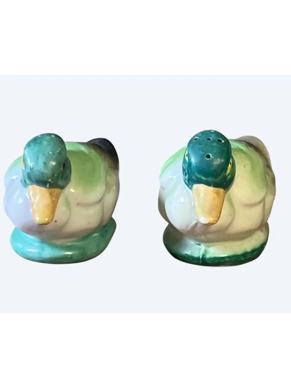Vintage Ceramic Duck Salt Pepper Shakers Hand Painted Green Yellow Mallard Pair